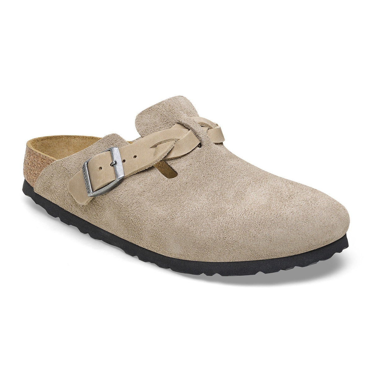 Birkenstock Boston Braid suede clog with braided strap, silver buckle, and cork footbed