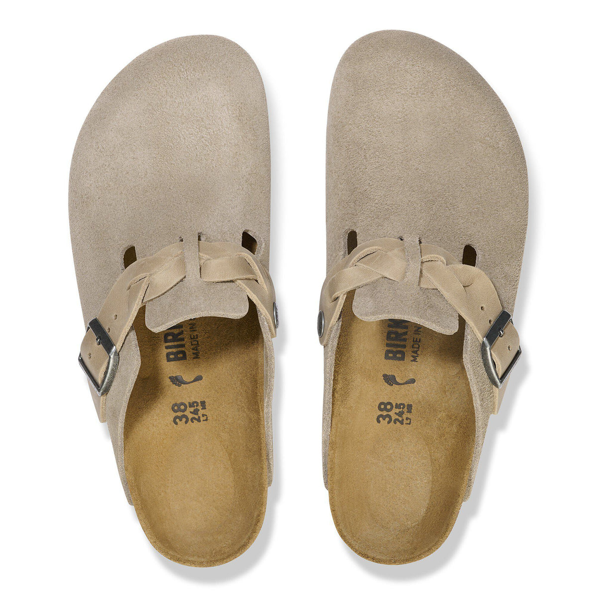 Birkenstock Boston Braid clogs in suede with woven strap detail and metal buckle, top view