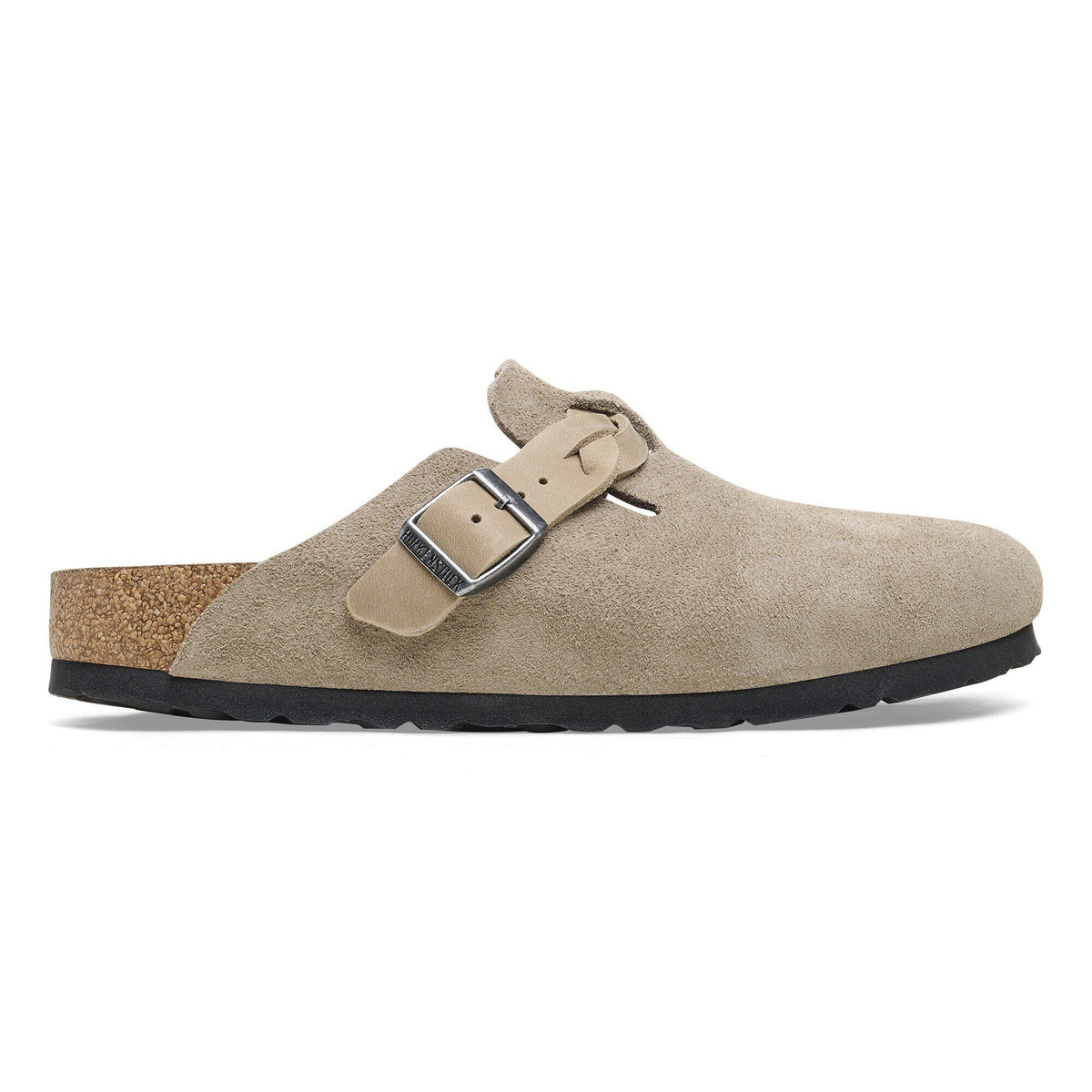 Birkenstock Boston Braid clog with suede upper, silver buckle, and cork footbed, side view