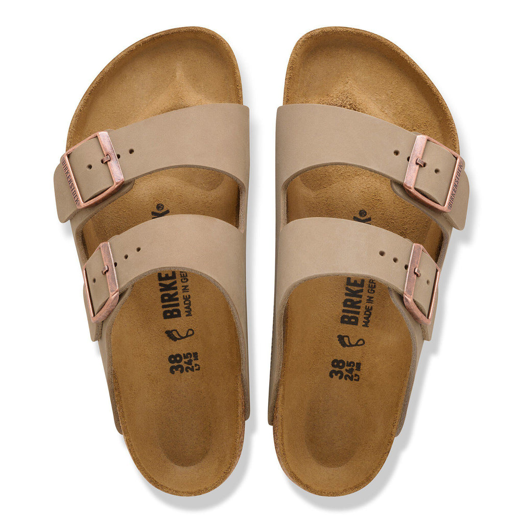 Birkenstock Arizona two-strap sandals with adjustable buckles, top-down view showing footbed