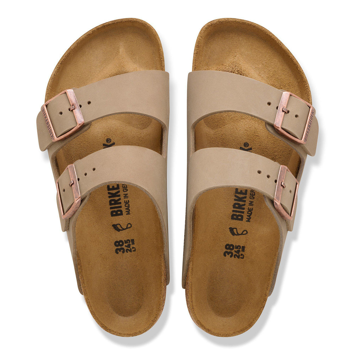Birkenstock Arizona two-strap sandals with adjustable buckles, top-down view showing footbed