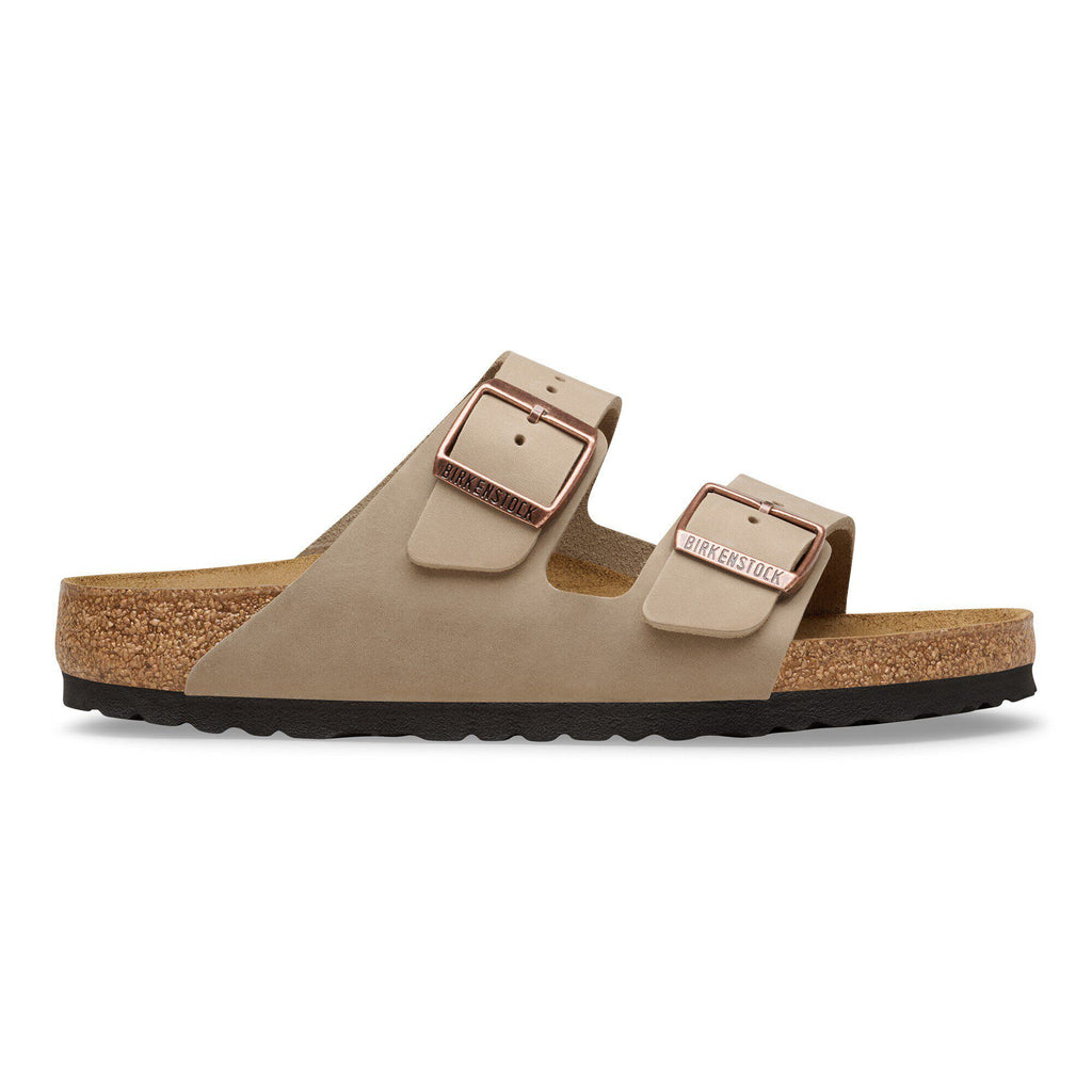 Birkenstock Arizona two-strap sandal with cork footbed and adjustable metal buckles, lateral view