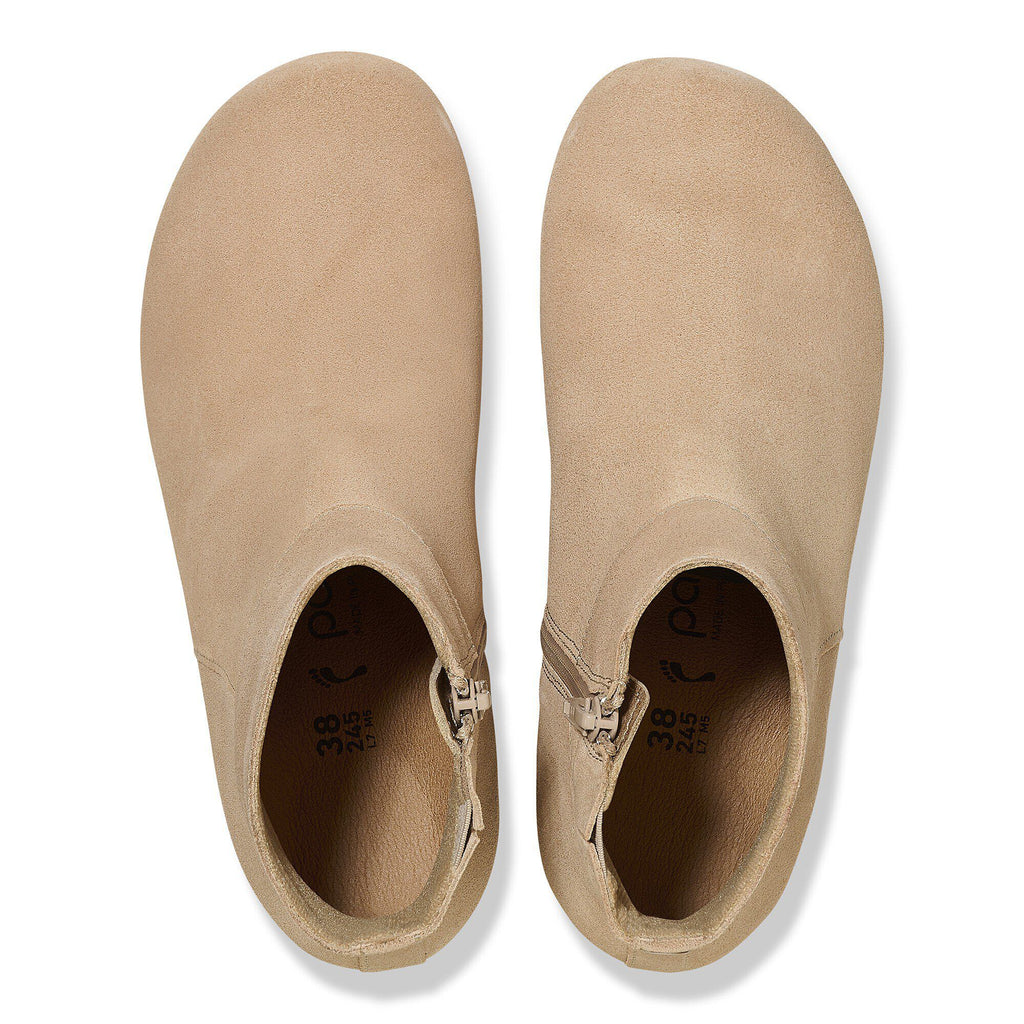 Birkenstock Ebba ankle boots in suede with side zipper closure, top-down view
