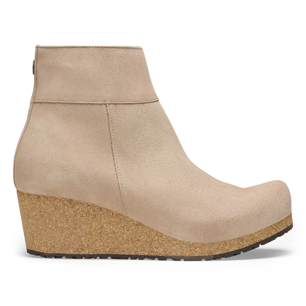 Birkenstock Ebba women's suede ankle boot with cork wedge heel, side view