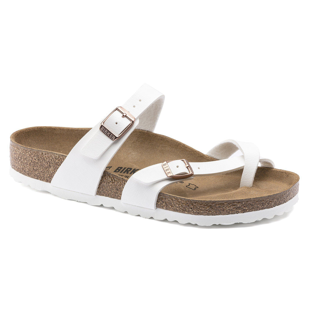 Birkenstock Mayari women's sandal with cork footbed, toe loop, and two adjustable buckle straps