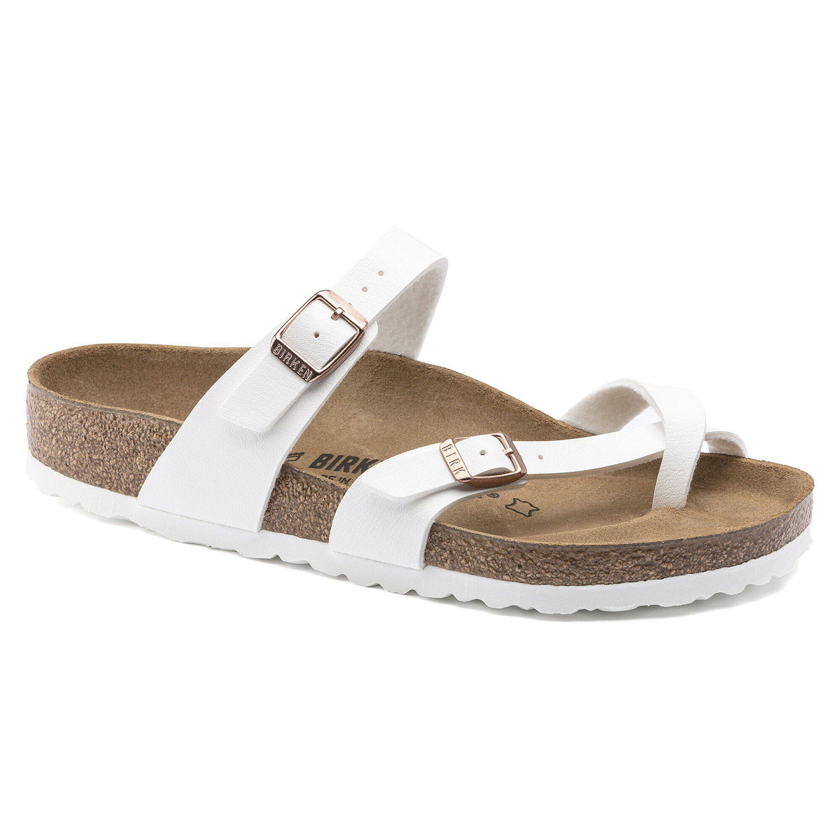 Birkenstock Mayari women's sandal with cork footbed, toe loop, and two adjustable buckle straps