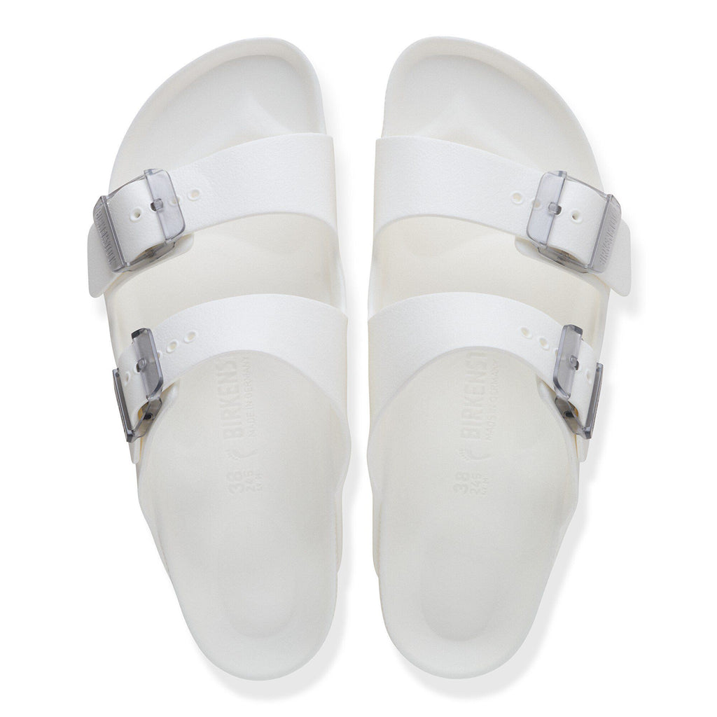 Birkenstock Arizona EVA sandals with two straps and clear buckles, top-down view