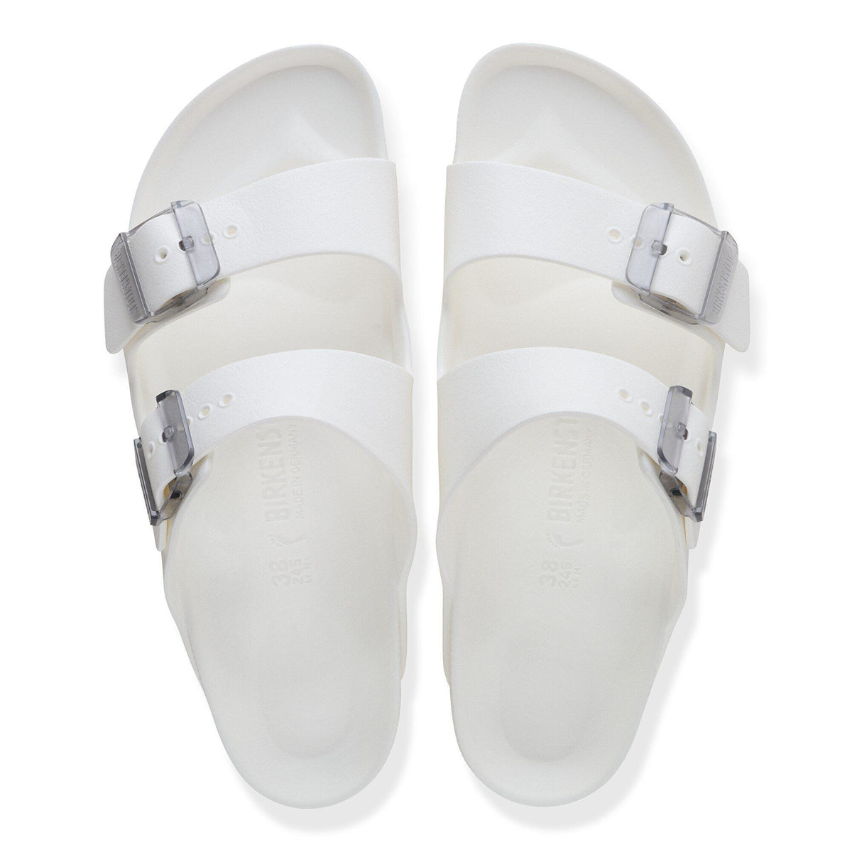 Birkenstock Arizona EVA sandals with two straps and clear buckles, top-down view