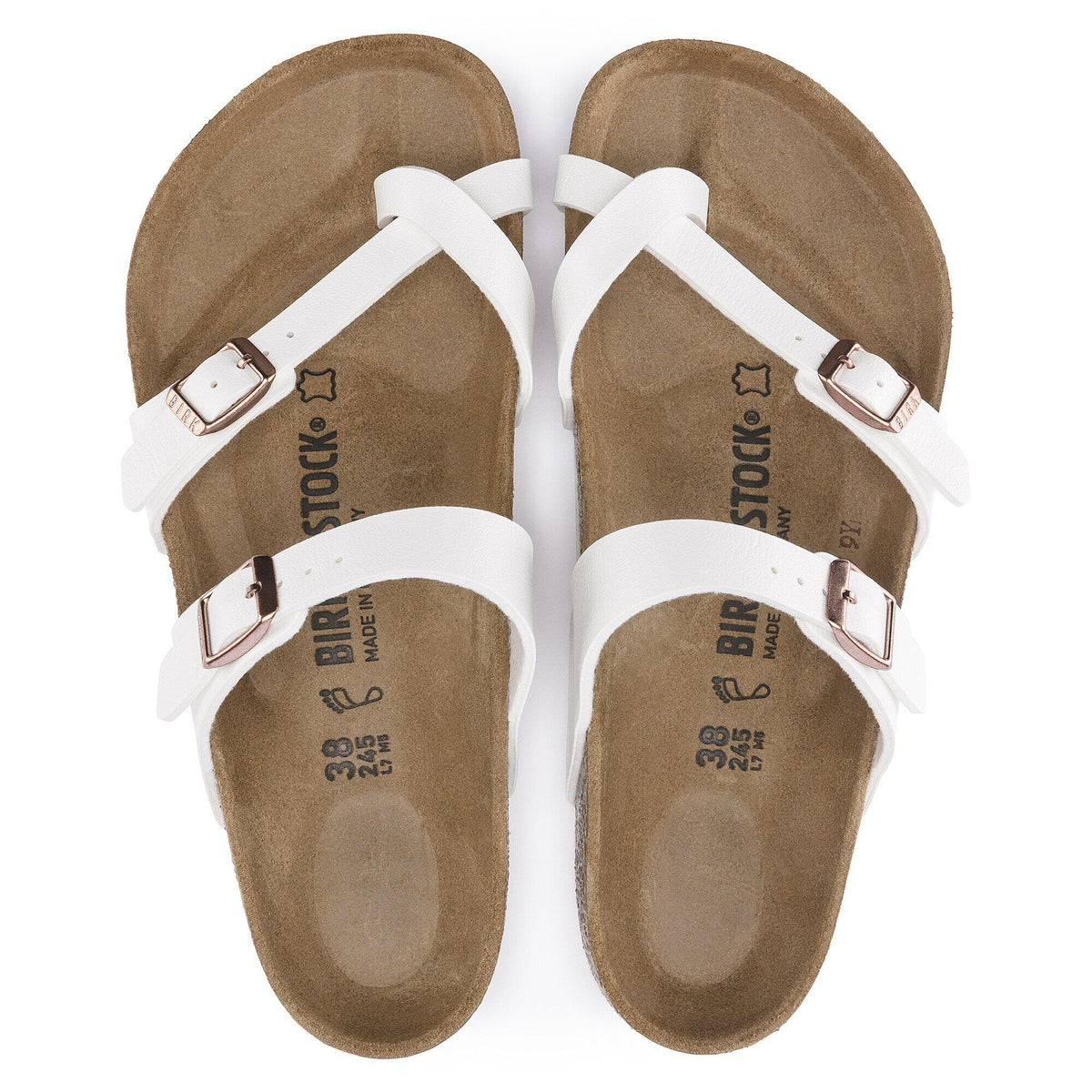 Birkenstock Mayari women's sandals with white straps and adjustable buckles, top-down view