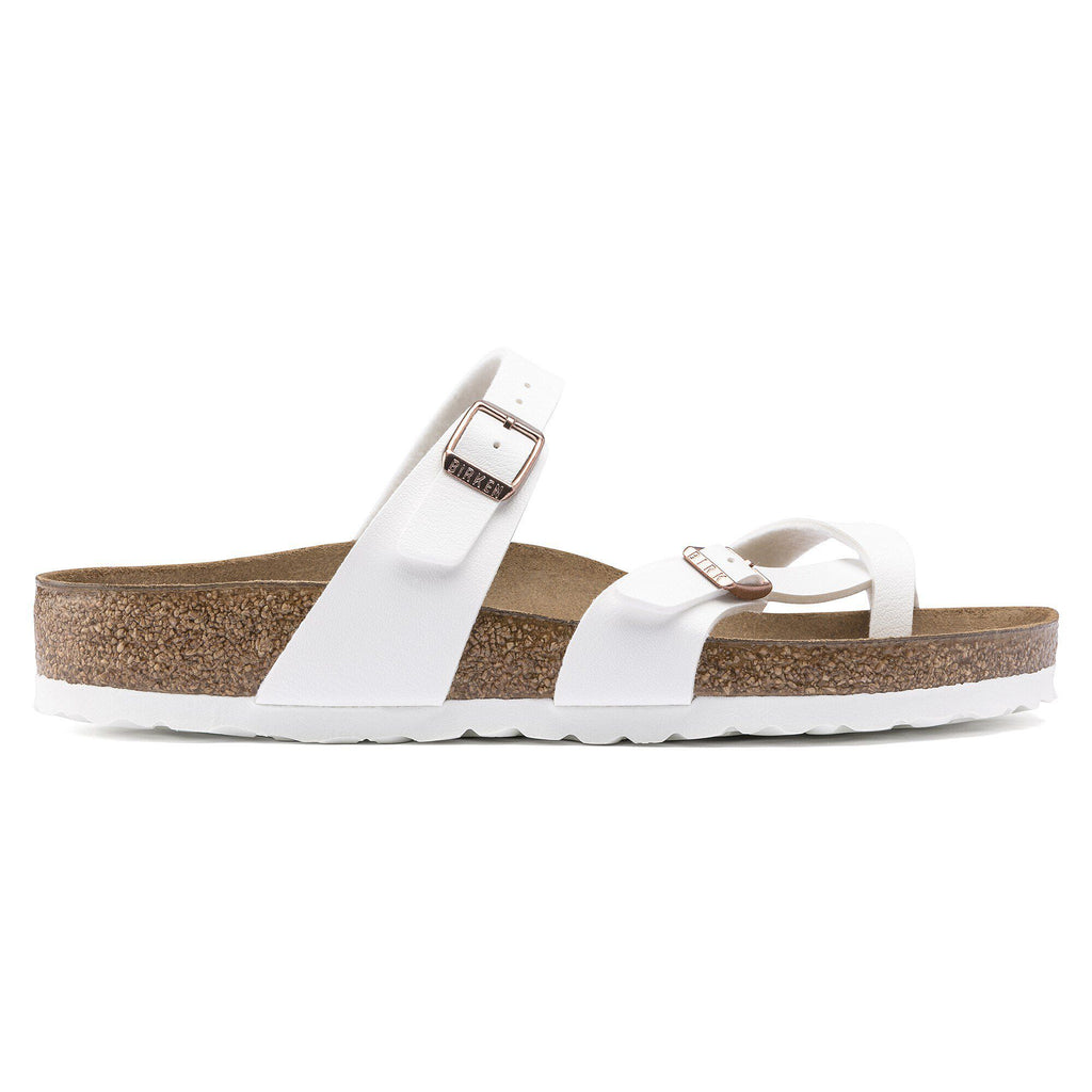 Birkenstock Mayari women's sandal with cork footbed, two adjustable buckle straps, side view