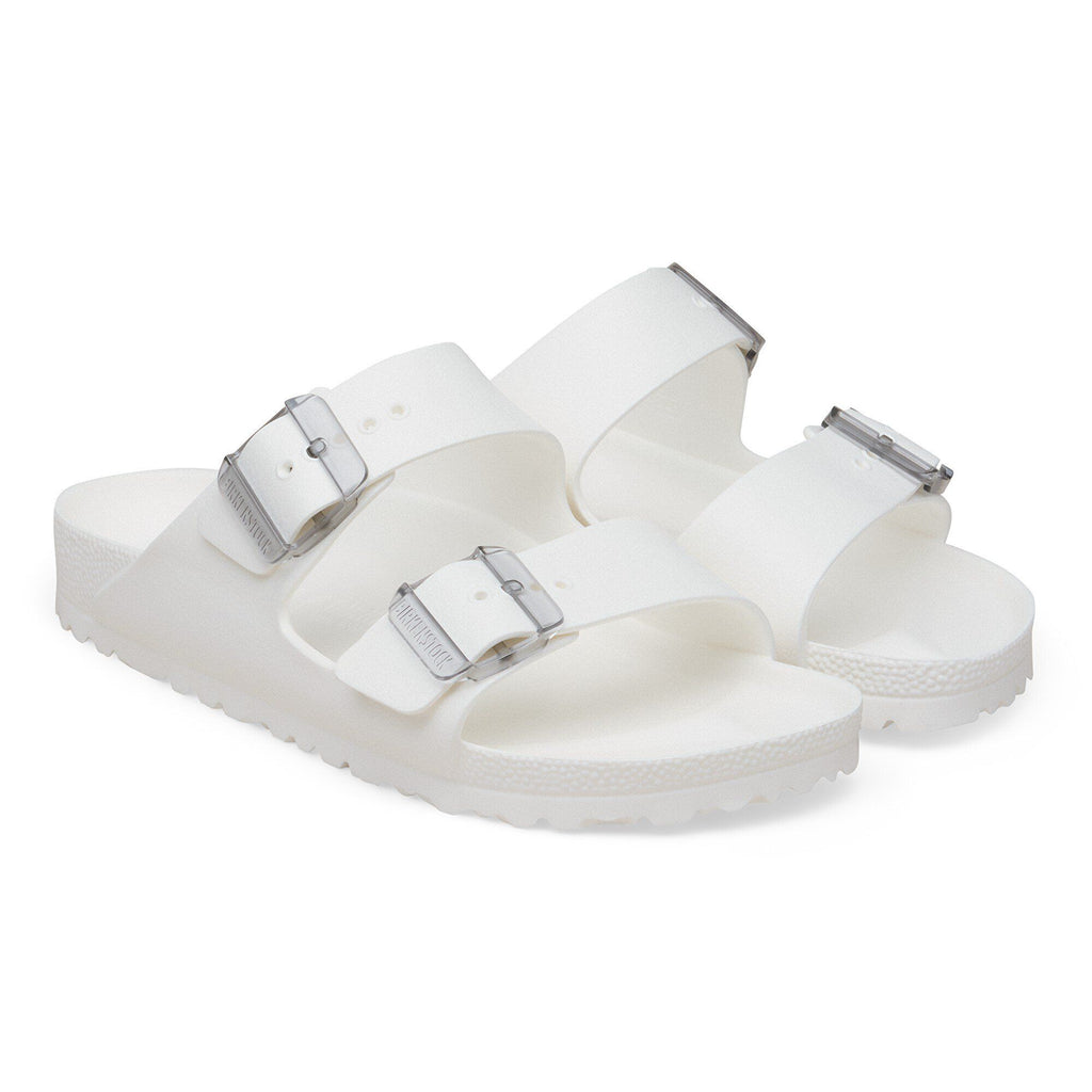 Birkenstock Arizona EVA two-strap sandals with silver buckles on white seamless background