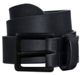 Coiled black leather belt with matte black rectangular buckle, displayed on white background