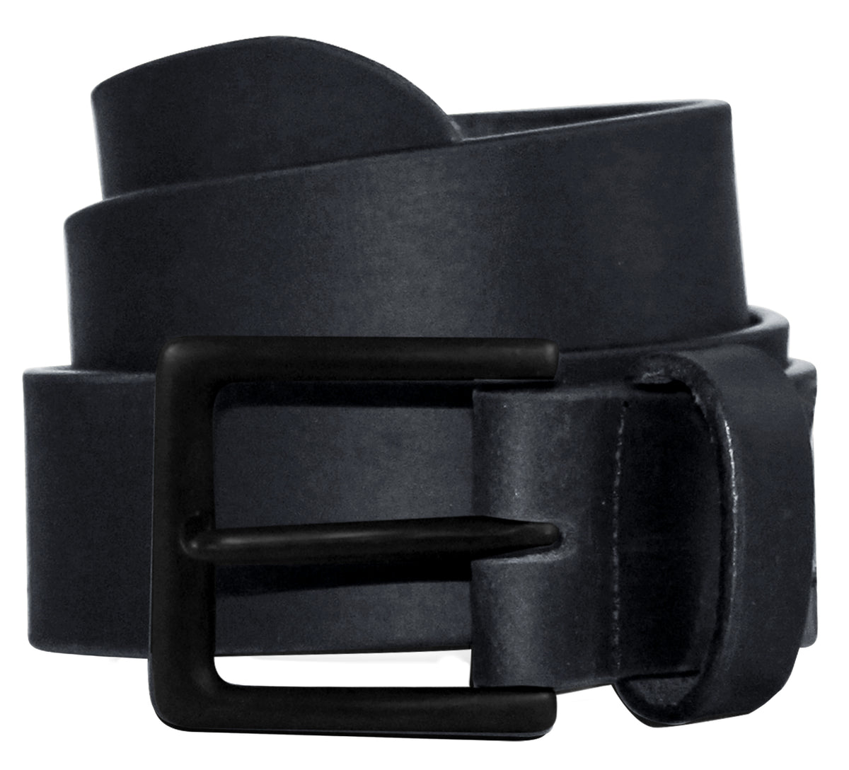Coiled black leather belt with matte black rectangular buckle, displayed on white background