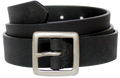 Coiled black leather belt with square silver-tone metal buckle displayed on white background