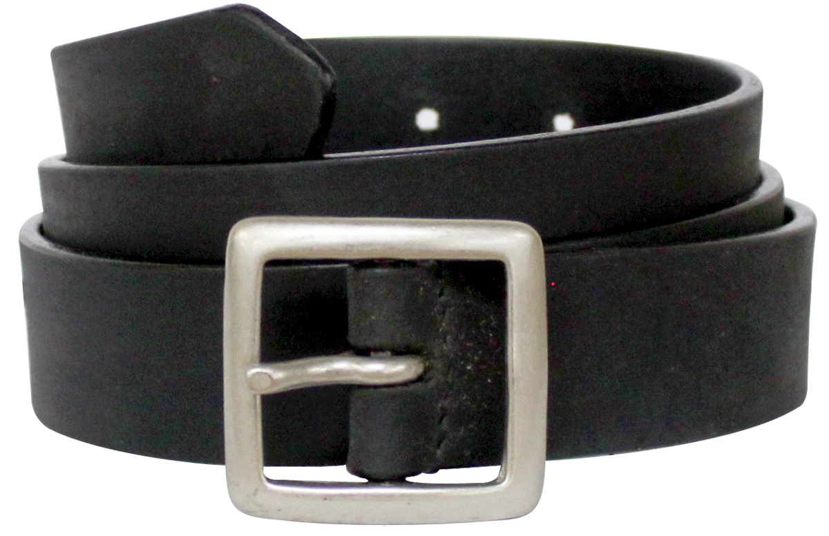 Coiled black leather belt with square silver-tone metal buckle displayed on white background