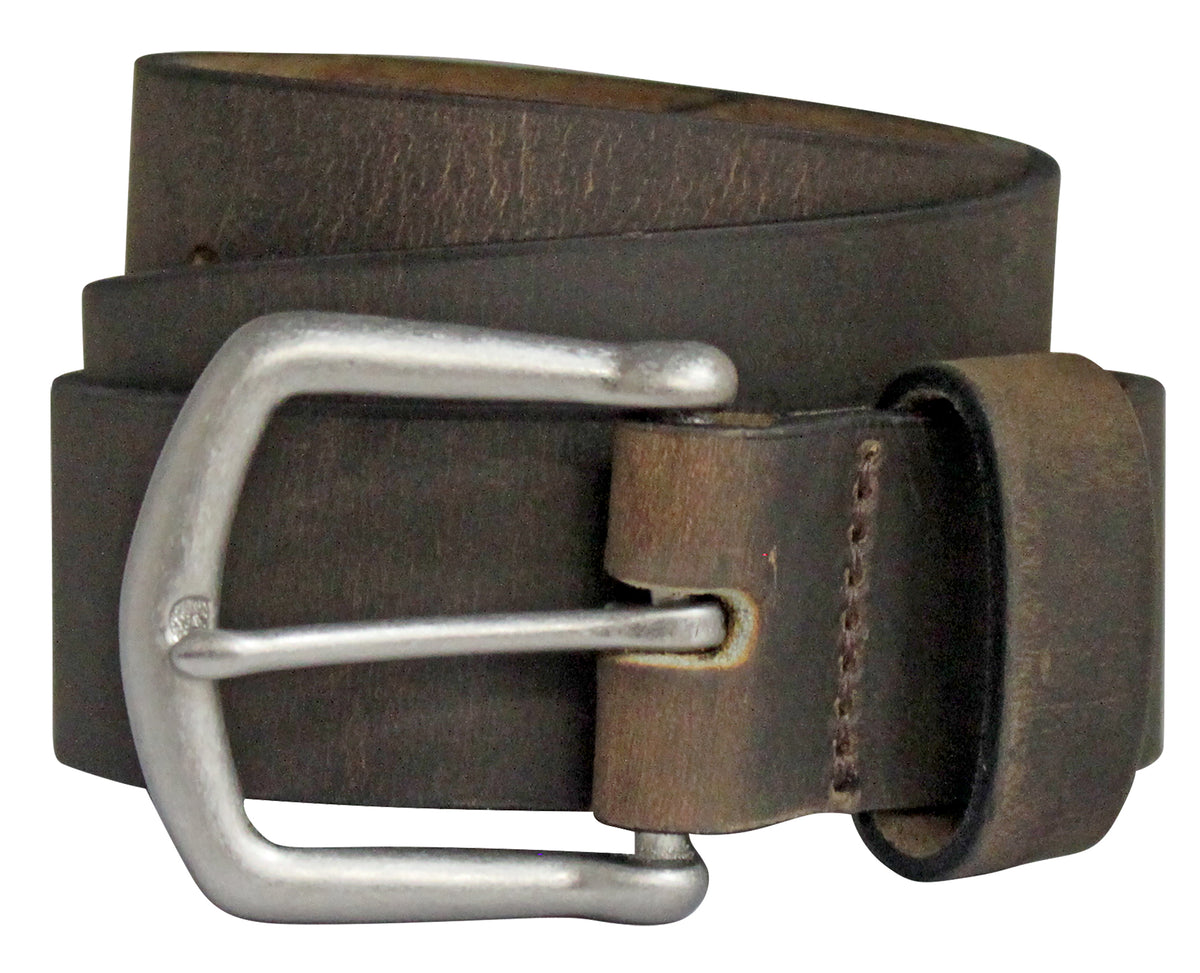 Coiled distressed leather belt with antique silver roller buckle and keeper loop