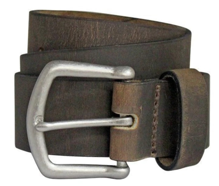 Distressed dark brown leather belt coiled with silver antiqued metal buckle