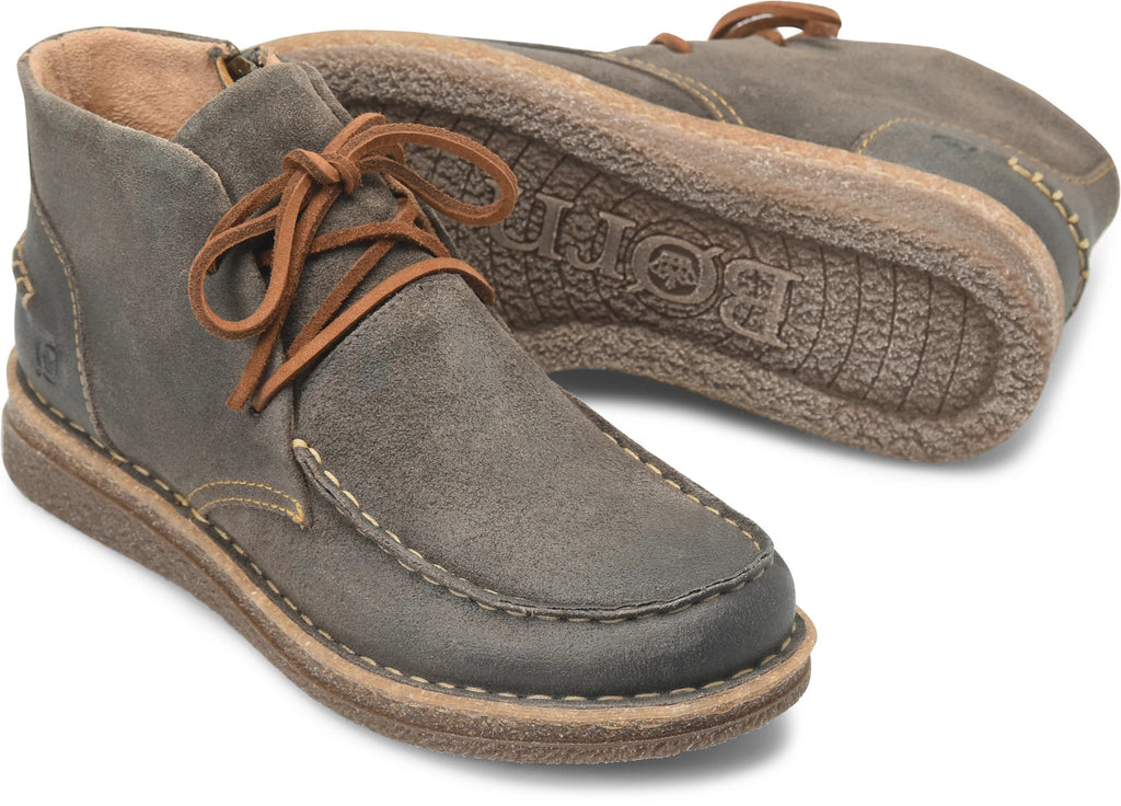 Born Taj chukka boot in taupe suede with brown laces, shown with sole view