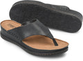 Born women's leather thong sandal with tan footbed and patterned rubber outsole shown from side and bottom