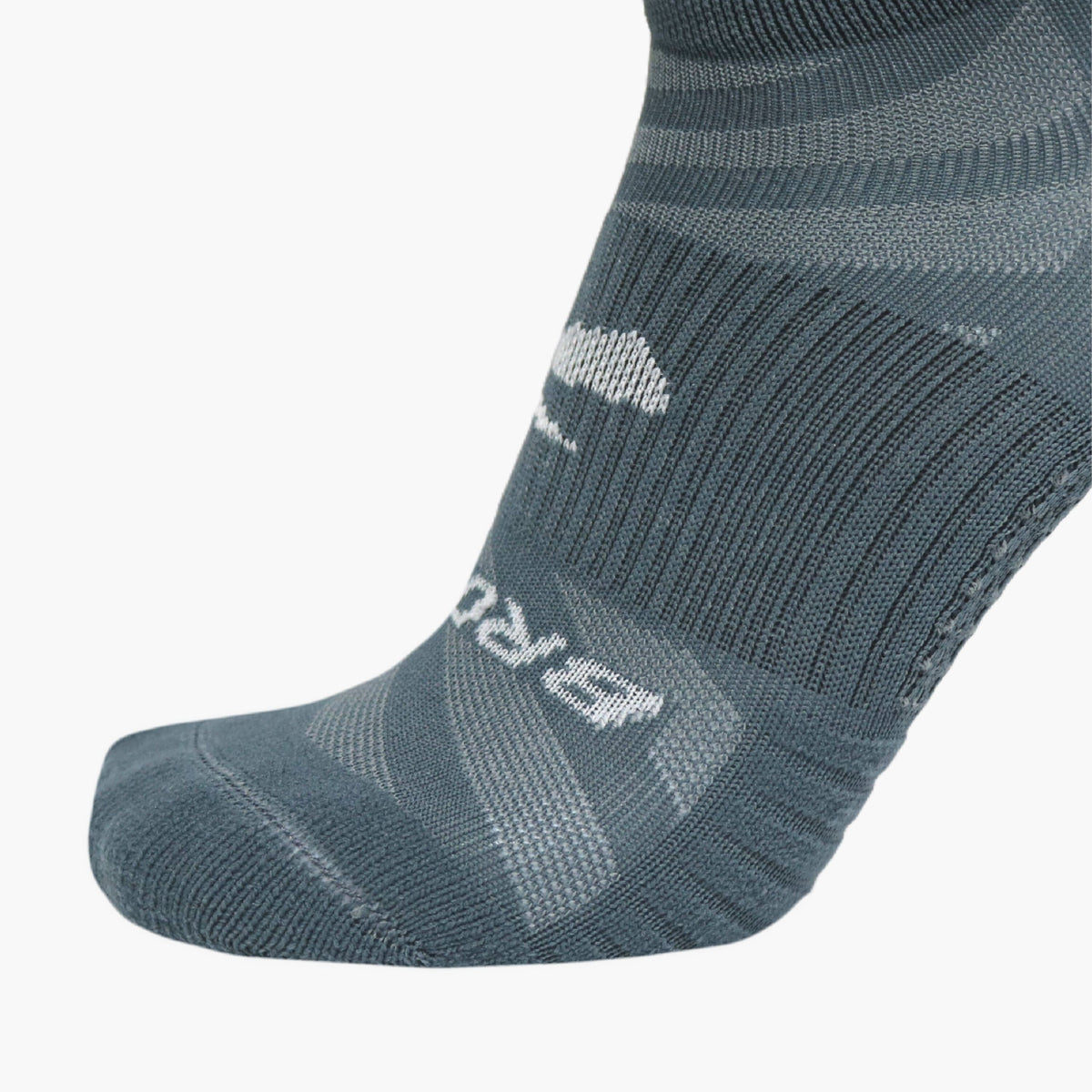 Close-up detail of Brooks no-show running sock showing cushioned toe box and logo