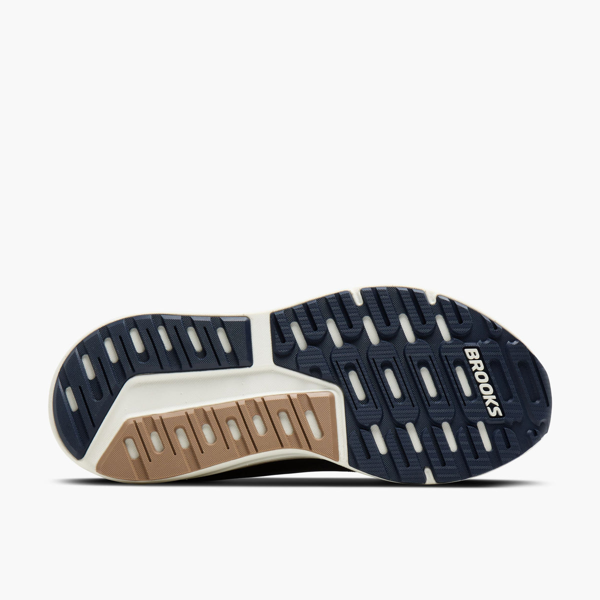 Bottom sole view of Brooks Beast GTS 26 running shoe showing segmented outsole tread pattern