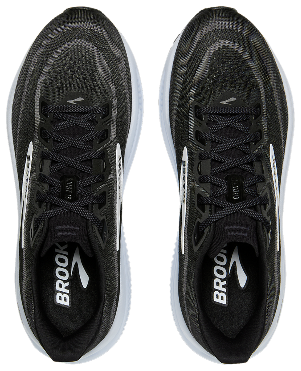 Top-down view of a pair of Brooks Ghost 18 mens running shoes with laces
