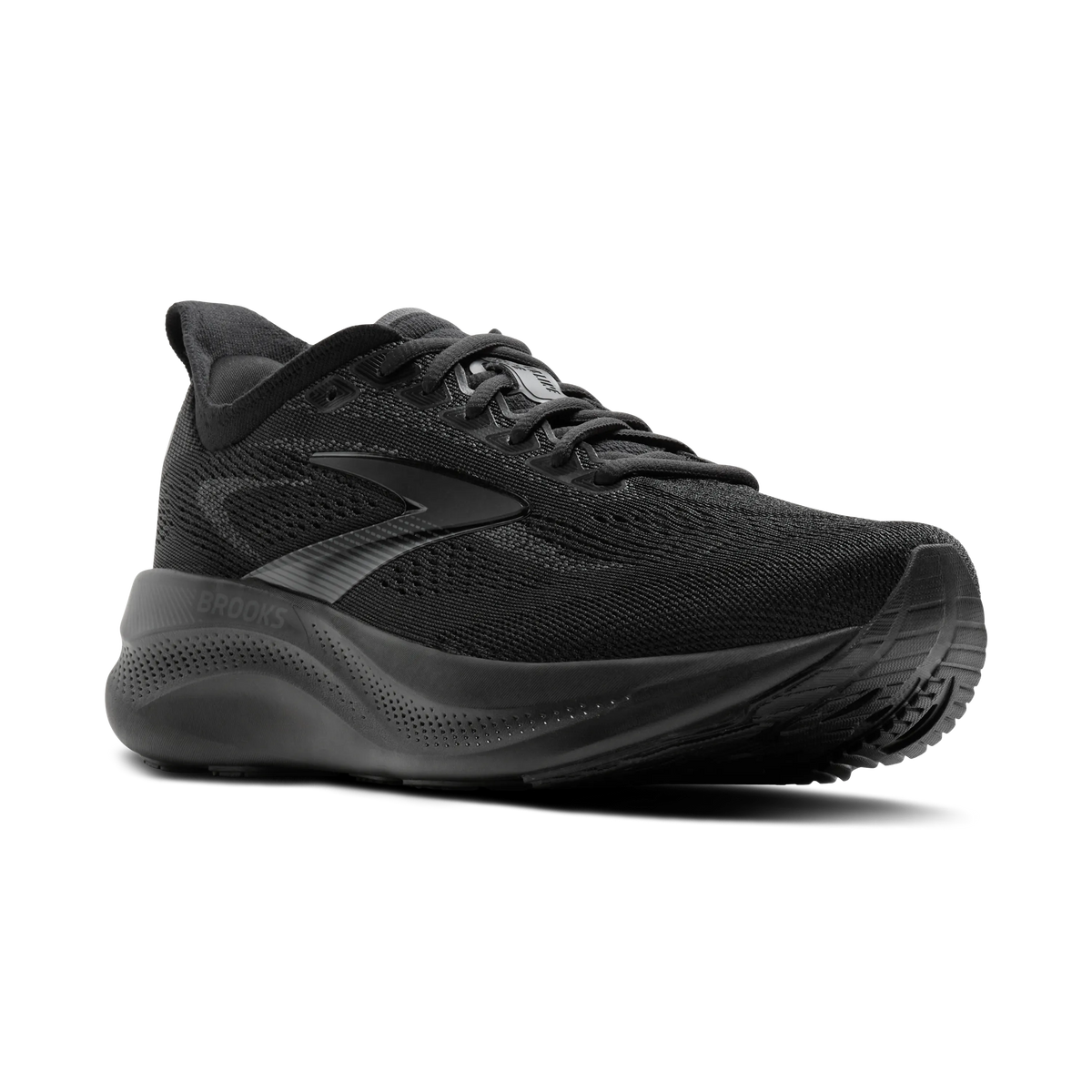 Brooks mens running shoe with cushioned midsole and mesh upper, angled side view
