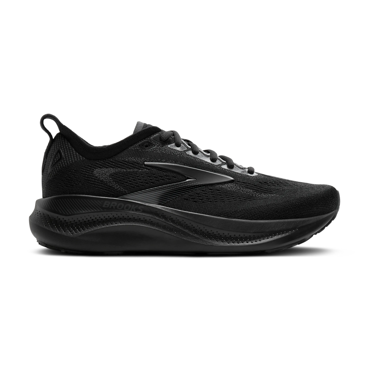 Brooks men's running shoe in all-black colorway shown from lateral side profile