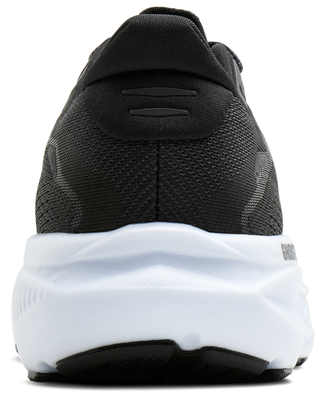 Rear view of Brooks Ghost 18 men's running shoe with white midsole and black upper