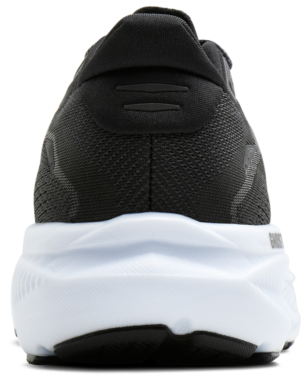 Rear view of Brooks Ghost 18 men's running shoe with white midsole and black upper