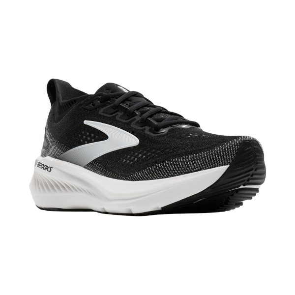 Brooks mens running shoe with black knit upper, white midsole, and grey accents