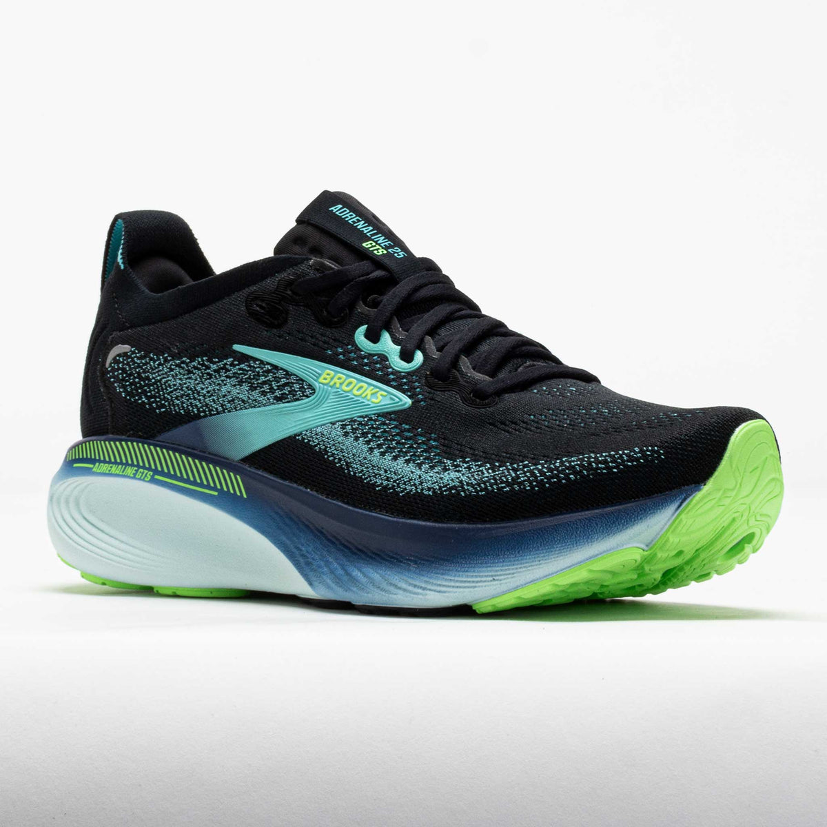 Brooks Adrenaline GTS 25 men's running shoe with black upper and neon green outsole