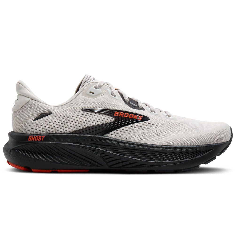 Brooks Ghost men's running shoe, lateral view, light upper with black chunky midsole