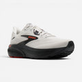 Brooks Ghost running shoe with white mesh upper, black midsole, and orange accent details