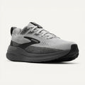 Brooks men's running shoe in gray and black with cushioned midsole, lateral view