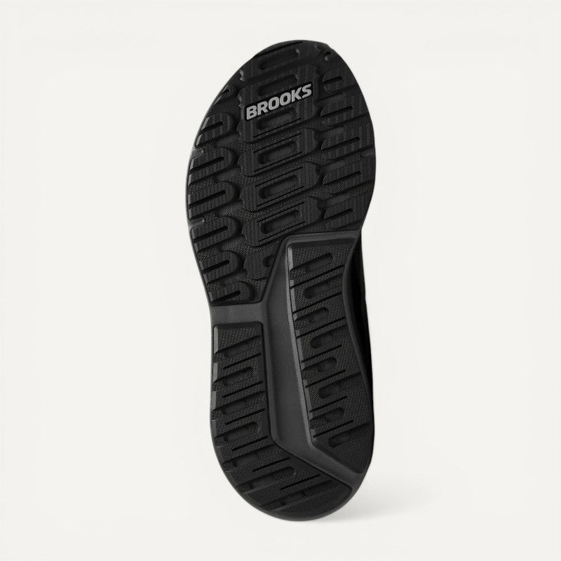 Bottom sole view of Brooks men's running shoe showing textured rubber outsole tread pattern
