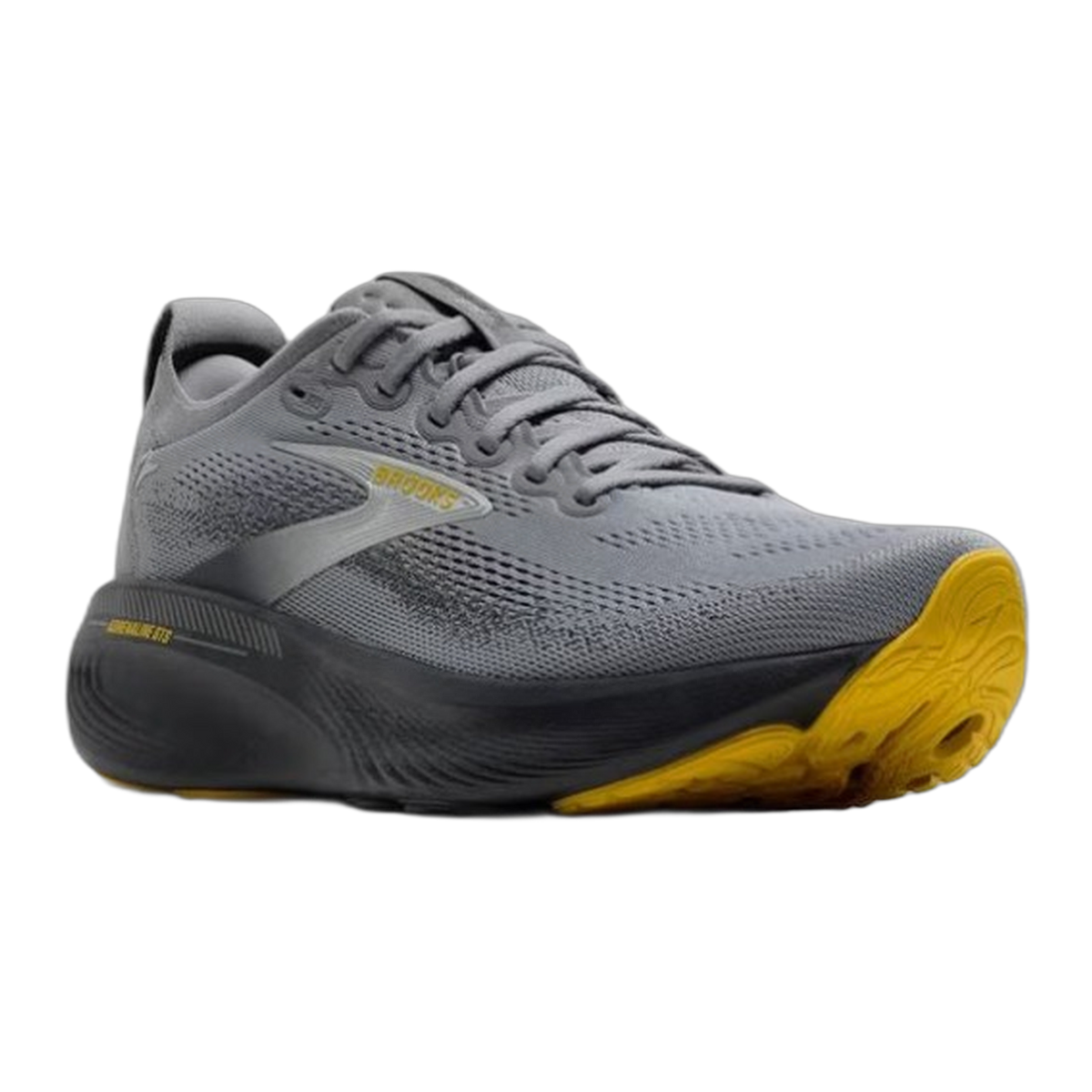 Brooks Adrenaline GTS 25 mens running shoe with grey upper and yellow outsole