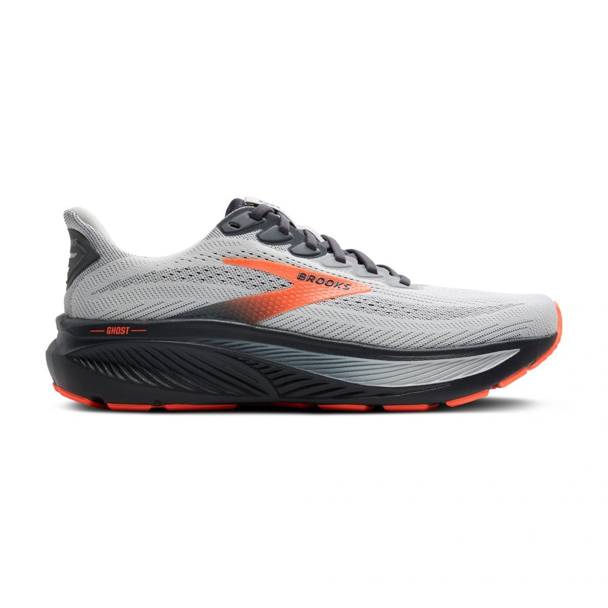 Brooks Ghost 17 mens running shoe lateral view with cushioned midsole and mesh upper