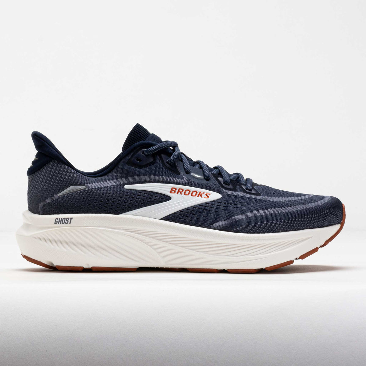 Brooks Ghost men's running shoe with navy upper, white midsole, and gum outsole, lateral view
