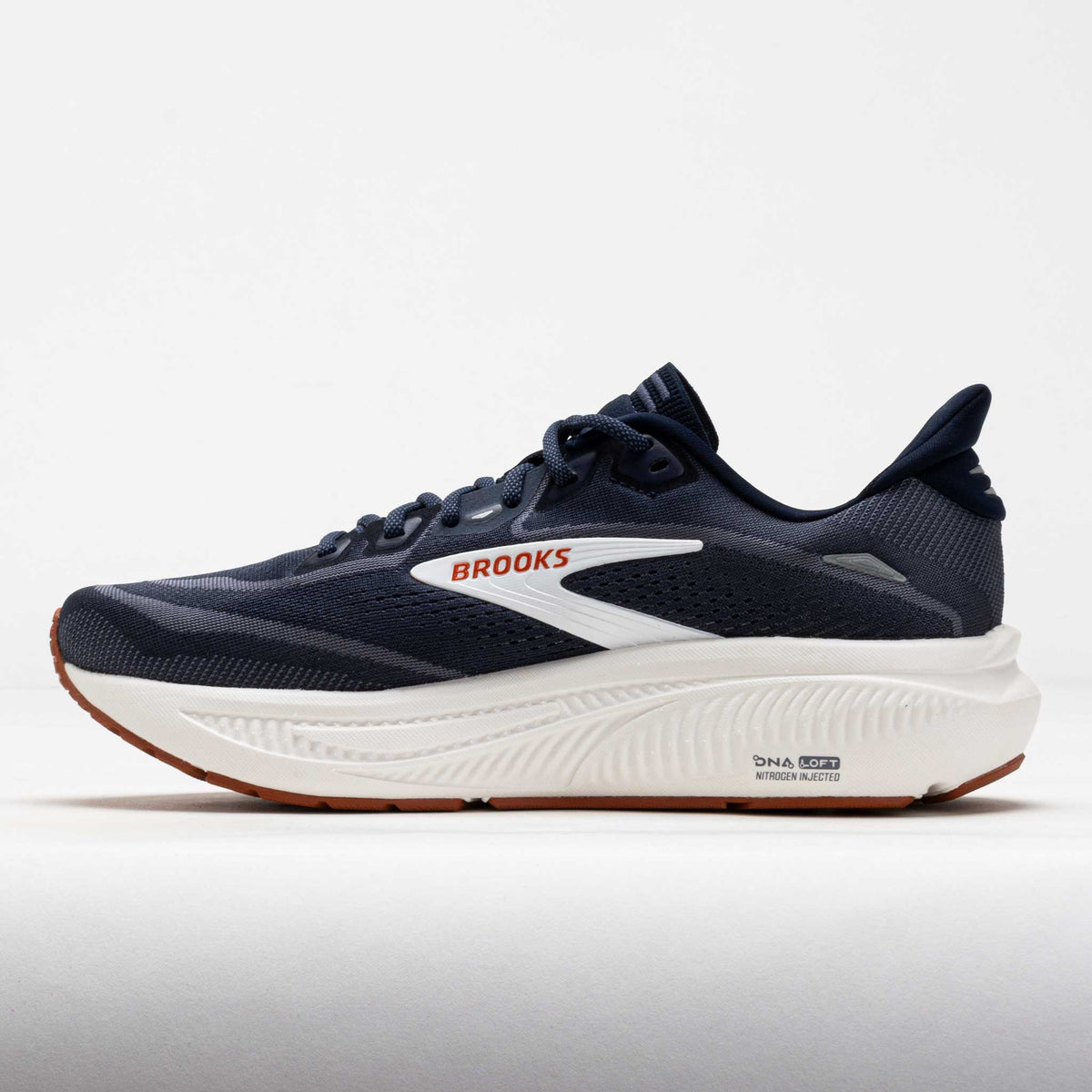 Brooks Ghost 18 men's running shoe lateral view with thick white midsole and navy upper