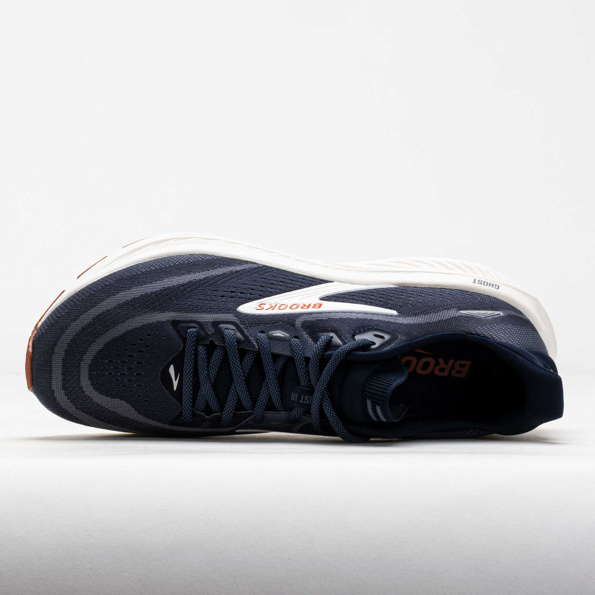 Brooks Ghost 18 men's running shoe shown from above on seamless background
