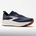 Brooks Ghost running shoe in navy blue with white midsole and rust gum outsole, lateral view