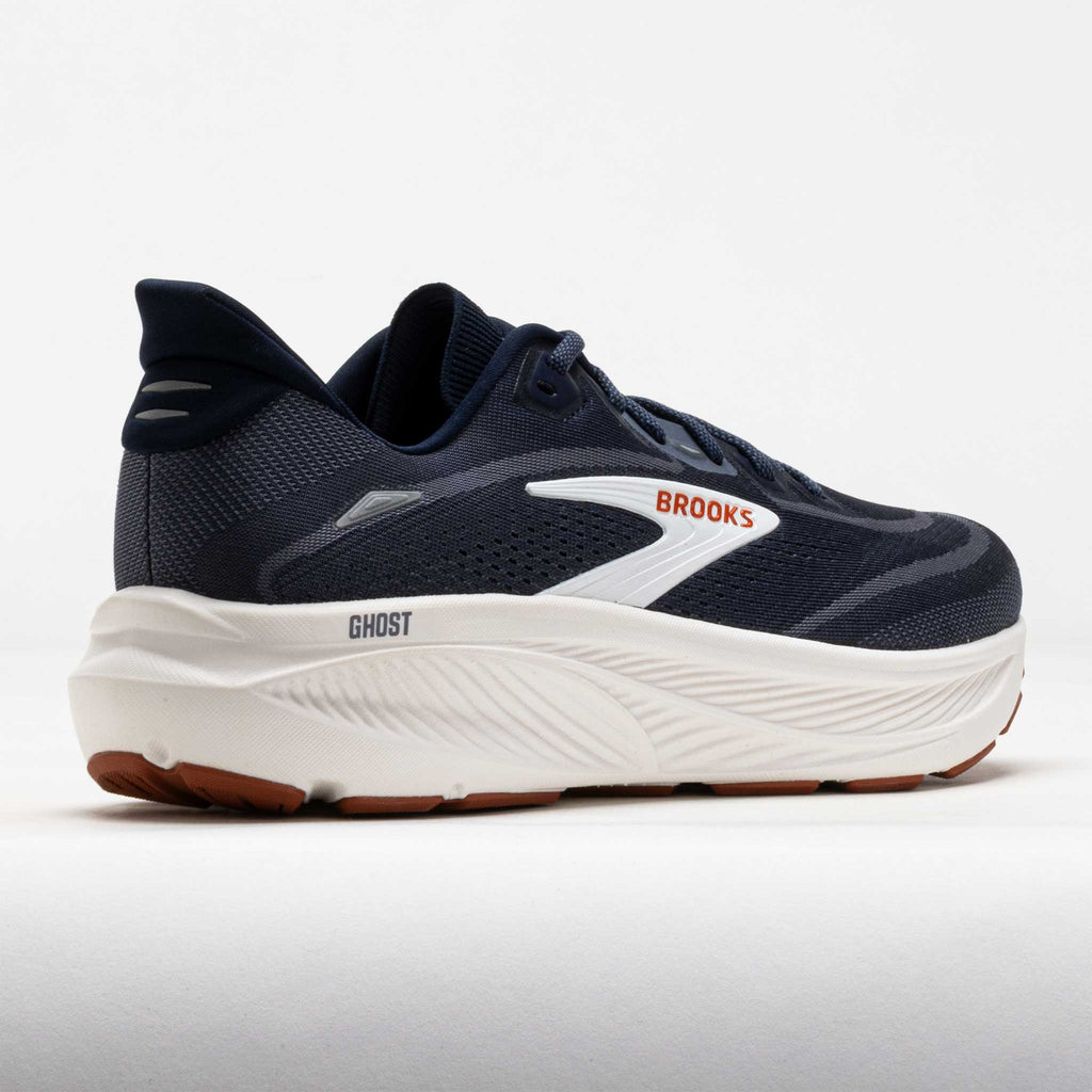 Brooks Ghost running shoe shown from rear three-quarter angle highlighting cushioned midsole and heel