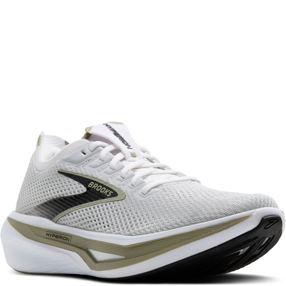 Brooks Hyperion 3 men's running shoe with white mesh upper and olive gold midsole accent