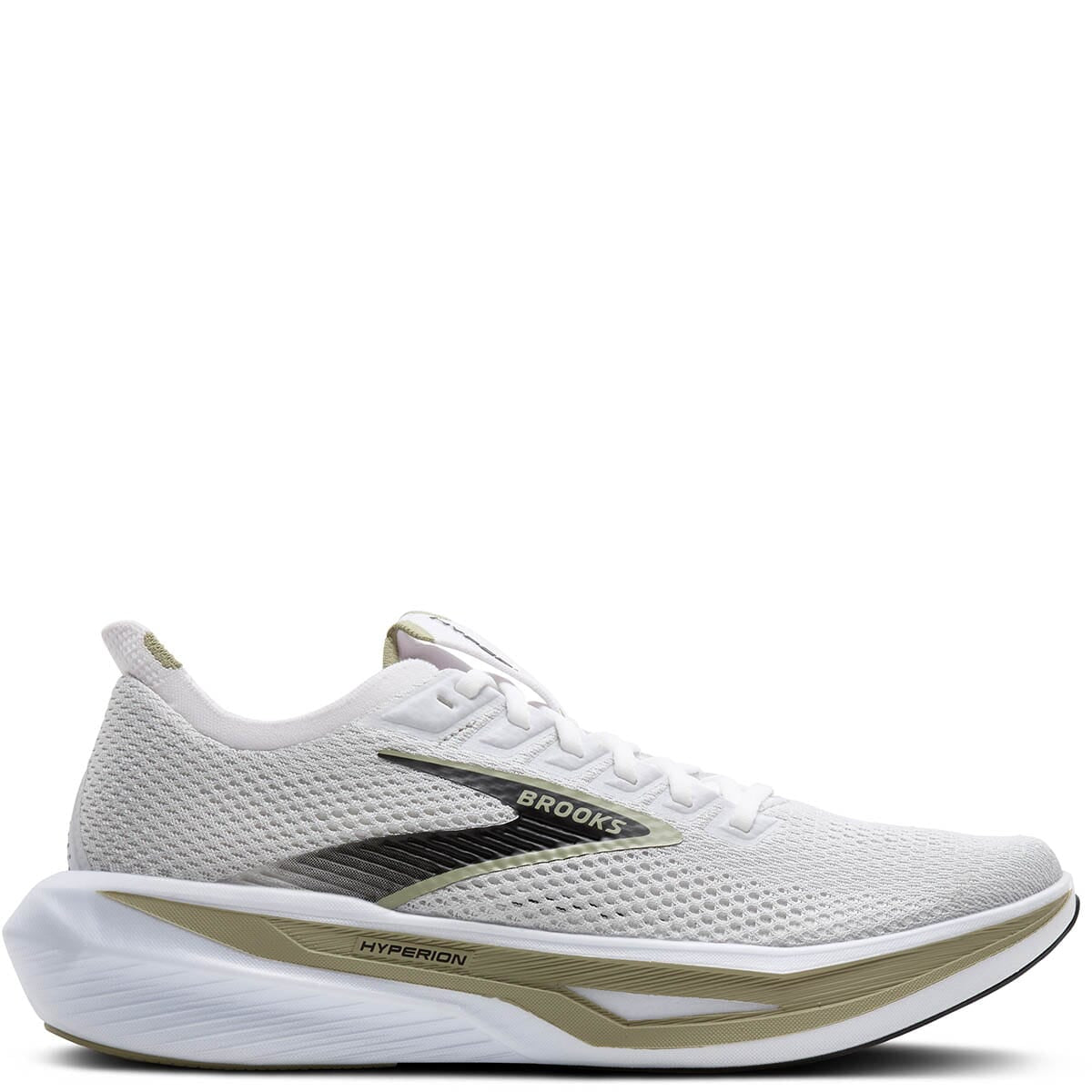 Brooks Hyperion 3 mens running shoe in white with gold midsole accent, lateral view
