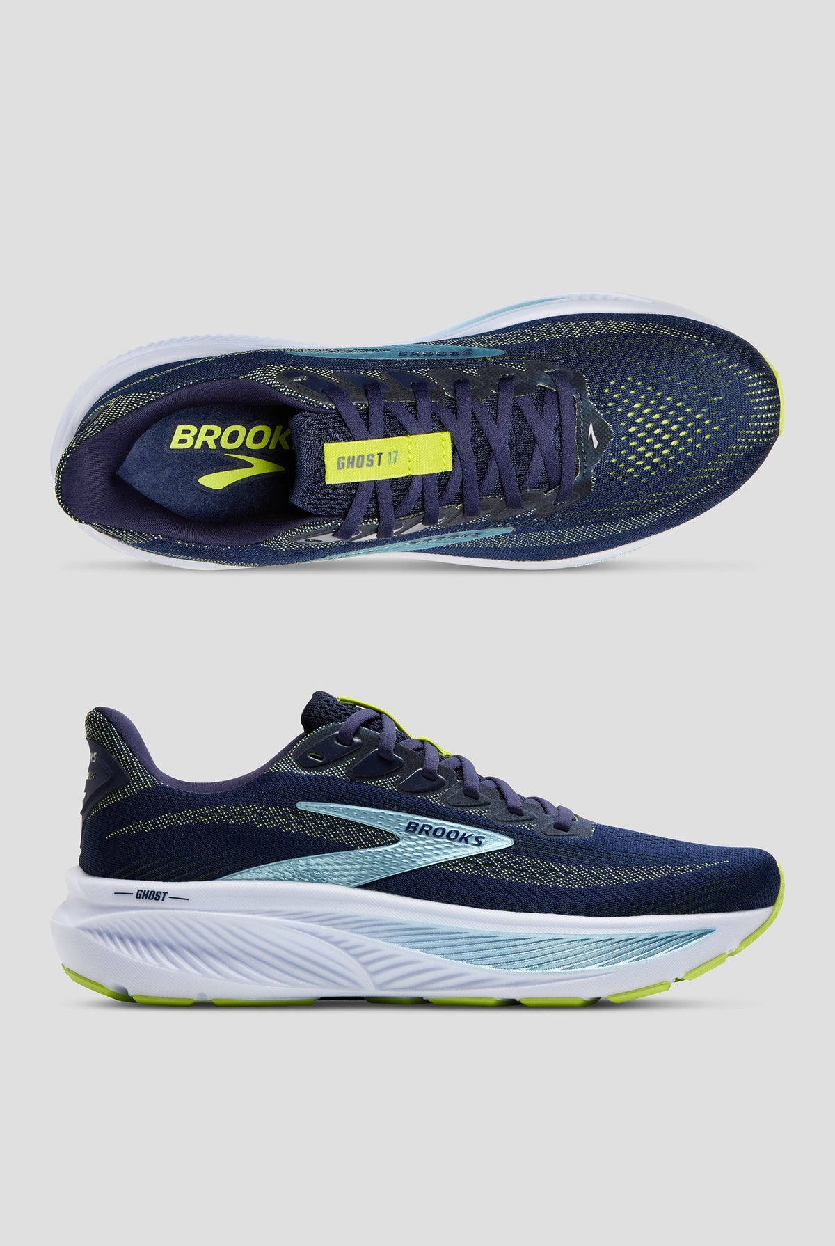 Brooks Ghost 17 mens running shoe shown from top and side angles on white background