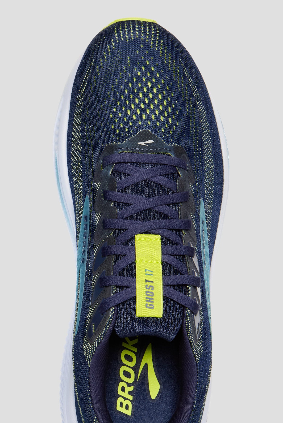 Brooks Ghost 17 mens running shoe top-down view showing knit upper and lacing system