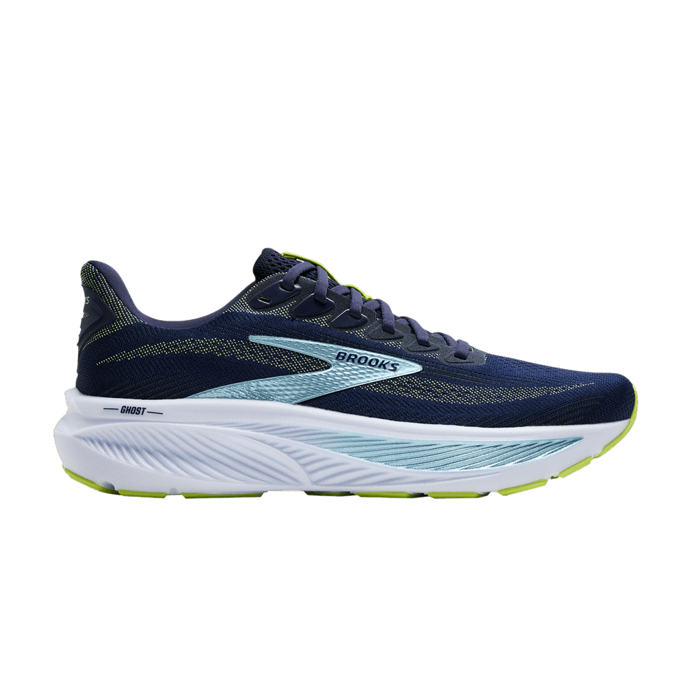 Brooks Ghost 17 men's running shoe lateral view with navy upper and white midsole