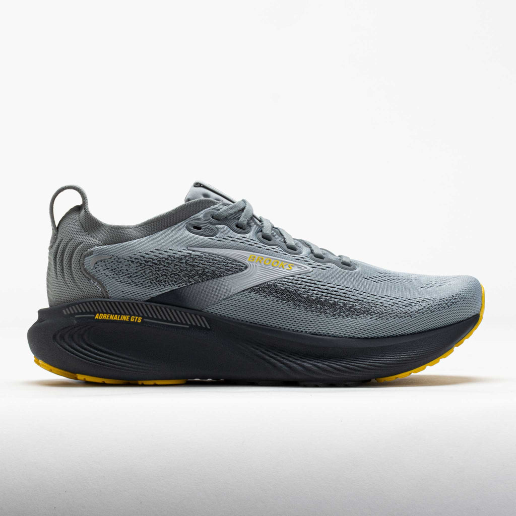 Brooks Adrenaline GTS 25 mens running shoe in grey with black midsole and yellow outsole