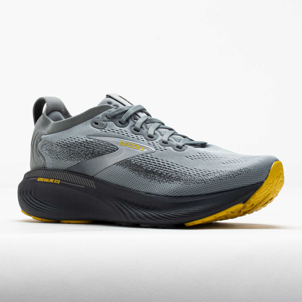 Brooks Adrenaline GTS 25 men's running shoe, lateral view, grey upper with yellow outsole